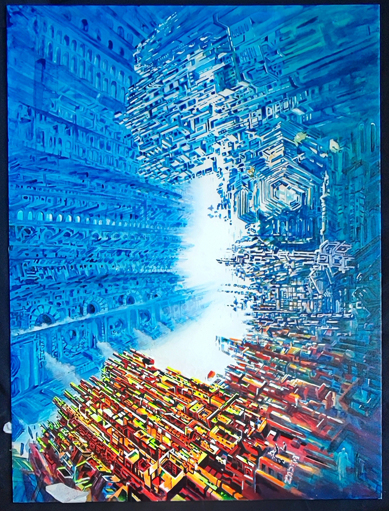 paysage extraterrestre/ peinture à l’huile / foyer de colonnes à hautes fréquences